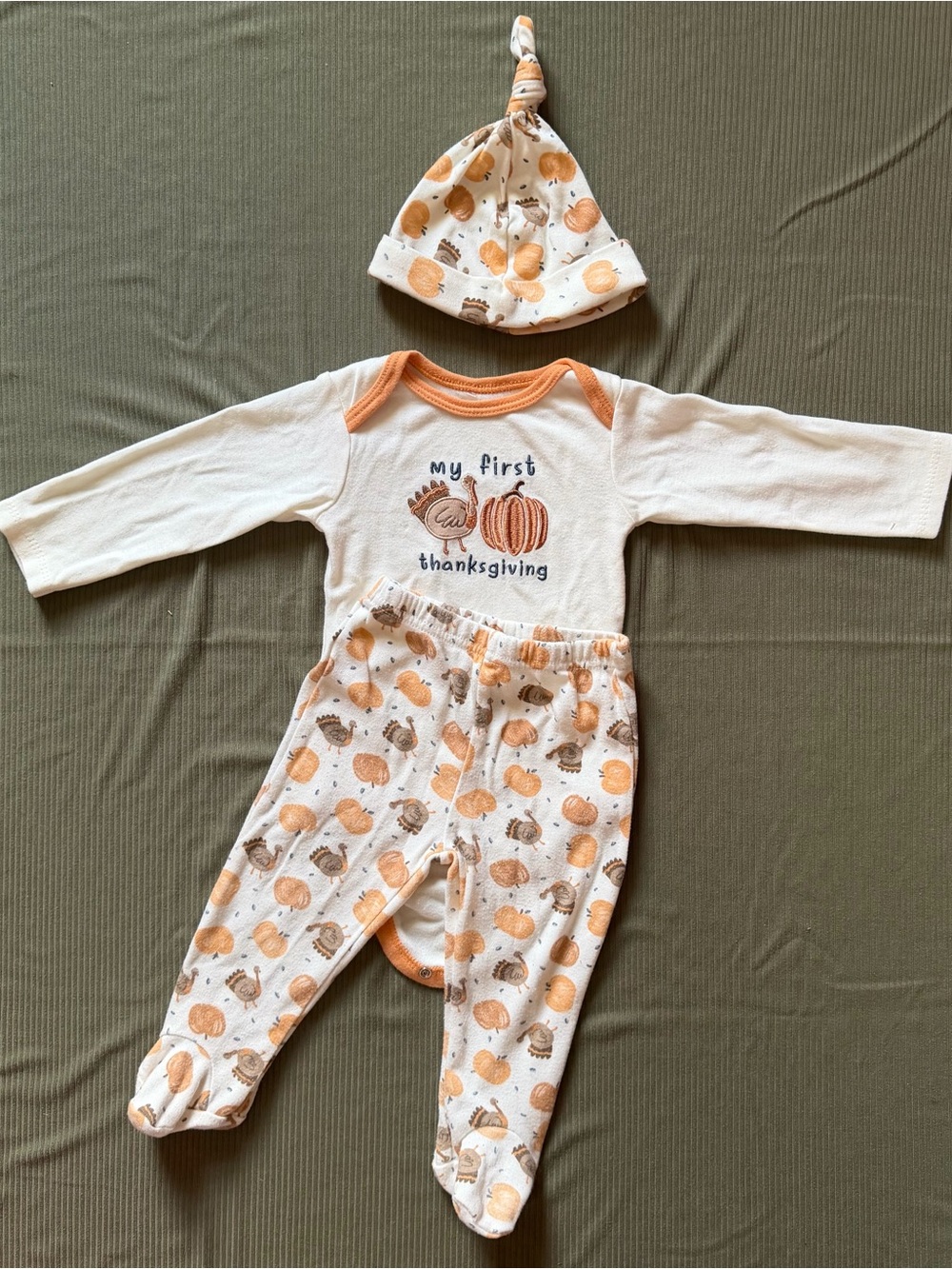 chick pea Cream & Orange 'My First Thanksgiving' Baby Bodysuit Set with Hat